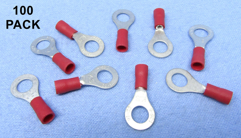 (65-1527) 1/4" Stud Red Vinyl Insulated Ring Terminals for 22-18AWG Wire ~ 100 Pack