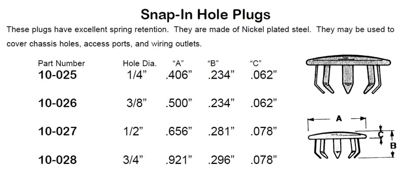 Philmore 10-025 Steel Snap In Hole Plugs for 1/4" Hole Size, 4 Pack