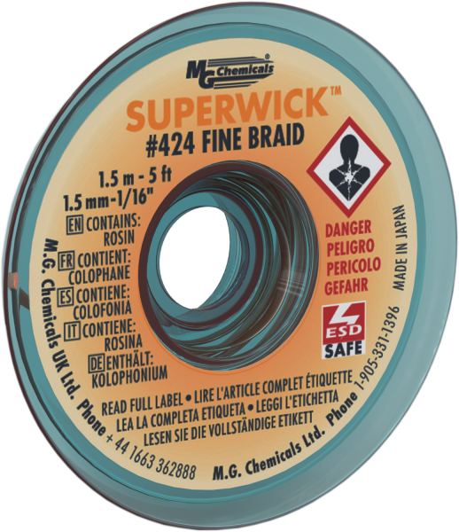 MG Chemicals 424 (#2) 5 Foot Length of 0.060" (1.5mm) Width Fine Braid Solder Wick, Static Free (SMT) Spool