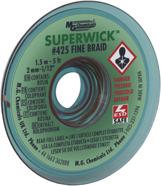 MG Chemicals 425 (#3) 5 Foot Length of 0.080" (2.0mm) Width Fine Braid Solder Wick, Static Free (SMT) Spool
