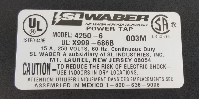 SL Waber 4250-6, 4 Outlet Power Strip, NEMA 6-15 Sockets & L6-15P Plug 6FT Cord