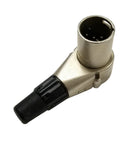 Neutrik 4 Pin XLR Male Right Angle In Line Plug Connector with a nickel metal housing and silver plated contacts.
