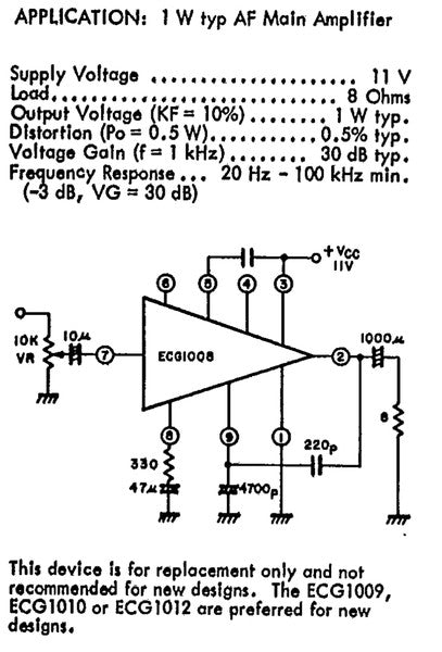 ECG1008, 1 Watt Audio Frequency Amplifier IC ~ 9 Pin Metal Can (NTE1008)