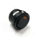 SPST OFF - ON, 12V DC AMBER Lighted Round Hole Rocker Switch 10A 14V DC Contact