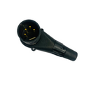 A black Neutrik 4 Pin XLR Male Right Angle In Line Plug Connector with gold plated contacts.