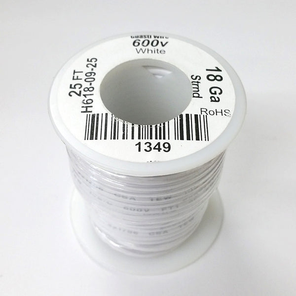 25' Roll 18AWG WHITE Stranded Appliance Grade 600 Volt Hook-Up Wire, UL1015 105C