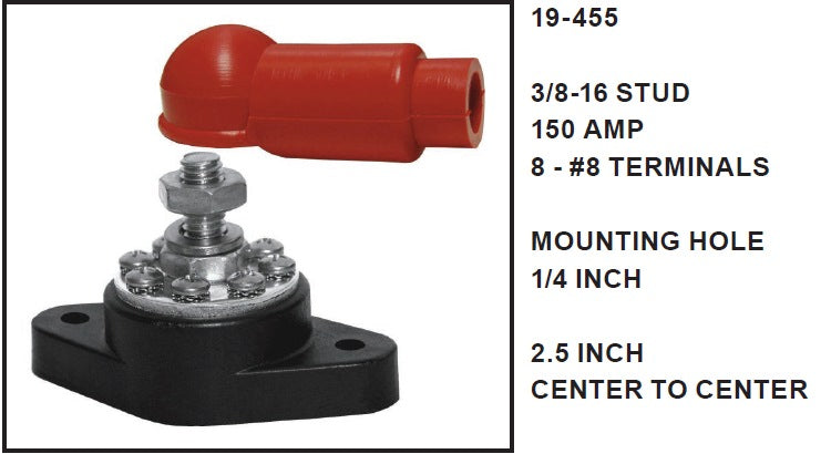 K4, K-Four 19-455, 150A @ 48V DC max, Power Stud Post with 8 Screw Terminals