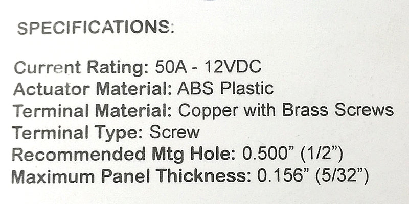 30-12240, Philmore SPST ON-OFF 50A @ 12V DC BLACK Automotive Black Toggle Switch