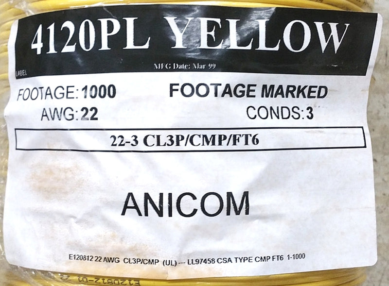 25' Anicom 4120PL, 3 Cond 22 Gauge Stranded Unshielded CL3P/CMP Plenum ...