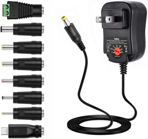 MVDC3-12-2A ADJ, MVO 12W 3V 4.5V 5V 6V 7.5V 9V 12V Adjustable Voltage Universal AC/DC Adapter Power Supply for Household Electronics, Micro USB - 1A Max.
