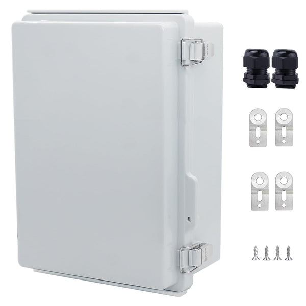 Junction Box 280x190, MVO IP67 Waterproof ABS Plastic Electrical Enclosure with Stainless Steel Latch, Hinged Cover Electric Box with Mounting Plate, Wall Brackets & Cable Glands 280x190x130mm
