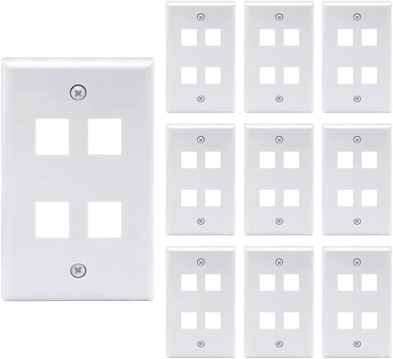 AREC204W 4 Port Keystone Wall Plate UL Listed (10-Pack), Single Gang Wall Plates for RJ45 Keystone Jack and Modular Inserts, White