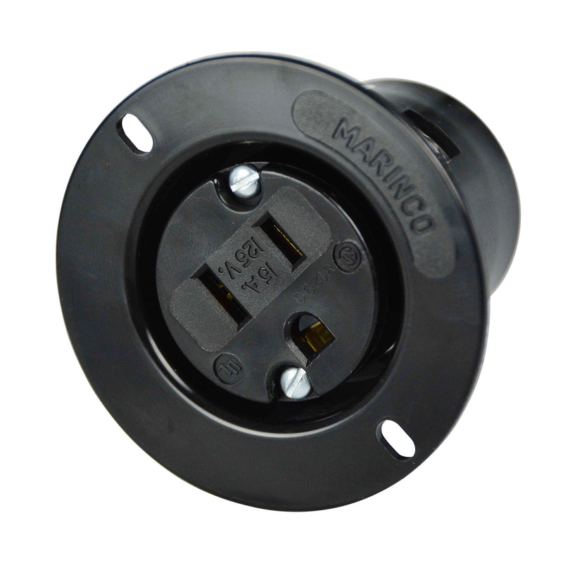 Marinco 5279BL 15A 125V 2P 3W (NEMA 5-15R) Flanged Outlet Black Body