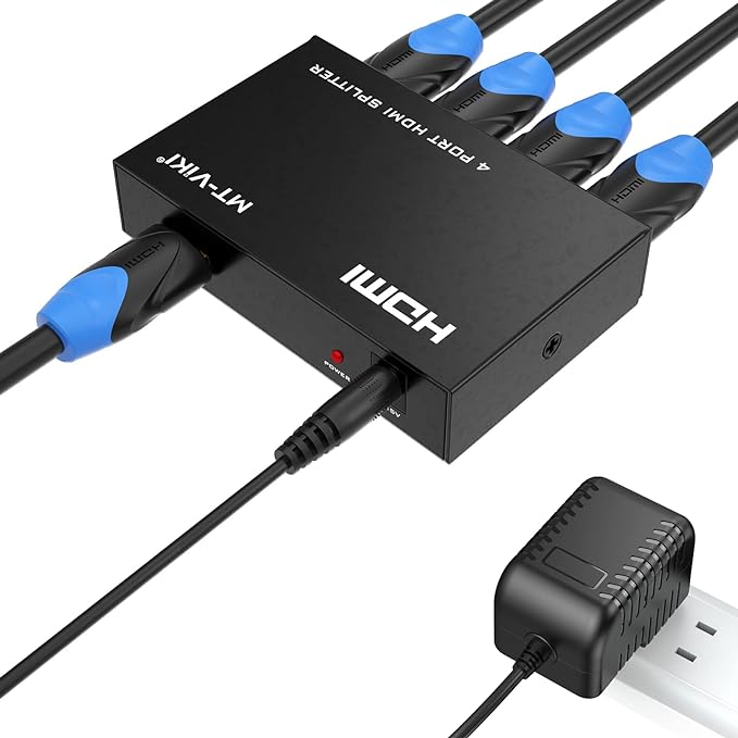 MVHDMI-1x4 HDMI Splitter 1 in 4 Out, 1x4 Power HDMI Splitter 4 Ports w/AC Adapter, 4Kx2K@30Hz 3D Full HD Distributor for PS4 Fire Stick HDTV