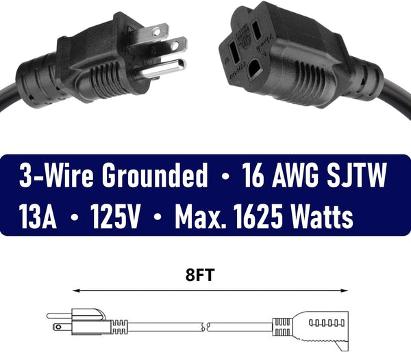 10W1-51519-08, comtp 8ft Extension Cord Outdoor Indoor Use 14 AWG Heavy Duty Power Cord 3 Prong SJTW, NEMA 5-15P to NEMA 5-15R,