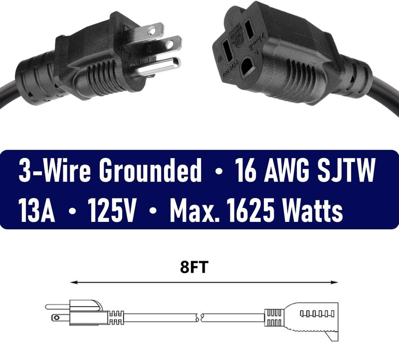 10W1-51519-08, comtp 8ft Extension Cord Outdoor Indoor Use 14 AWG Heavy Duty Power Cord 3 Prong SJTW, NEMA 5-15P to NEMA 5-15R,