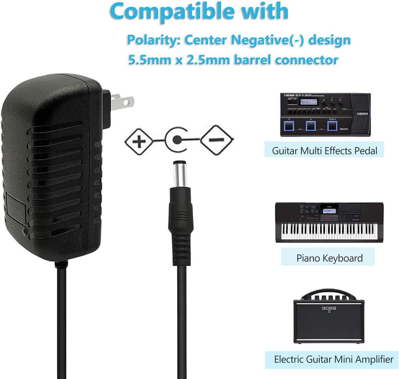 4811A10T, MVO 9Volt DC Guitar Pedal Power Supply 2A Max 9 Volt Power Adapter DC 9V Power Cord with 5.5x2.1mm2.5mm Plug Center Negative for 9V DC 