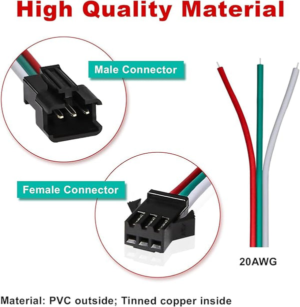 MVJSTSM3-PLUG-L JST SM 3 Pin Connectors 15cm 20AWG Wire Female/Male LED Connector for WS2812B WS2811 WS2812 WS2814 SK6812 CCT LED Strip Light