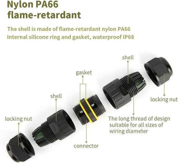 MV3P400V-WP, M20 IP68 Waterproof Junction Box Outdoor External Sleeve Coupler, M20 400V 24A Ø5-12mm Wire Range, UL for Outdoor 3Pin