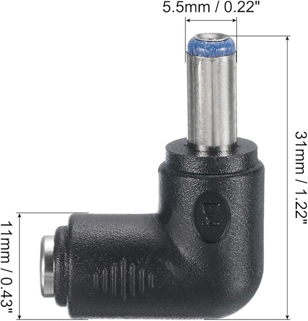 DC Power Connector Adapter, 90 Degree Angle 5.5mm x 2.1mm Female Jack to 5.5mm x 2.5mm Male Plug Coupler Converter