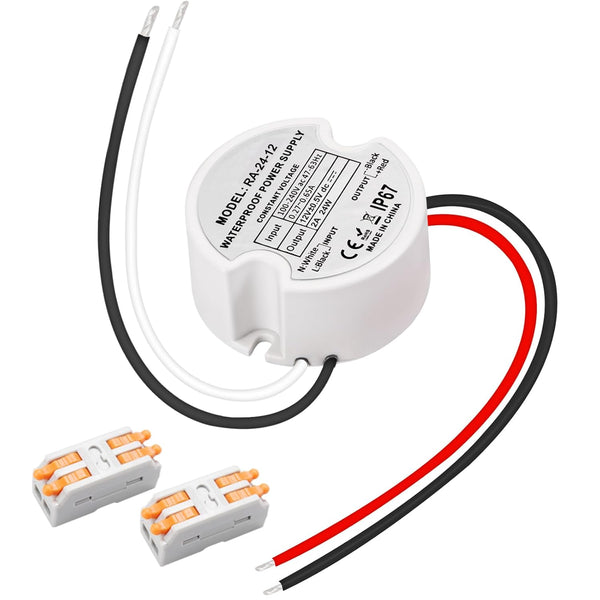 MV ELN-30-12D. MVO Waterproof IP67 LED Driver 24 Watts, LED Power Supply 12V 2A, Round 120V to 12V Transformer for Indoor and Outdoor LED Lighting