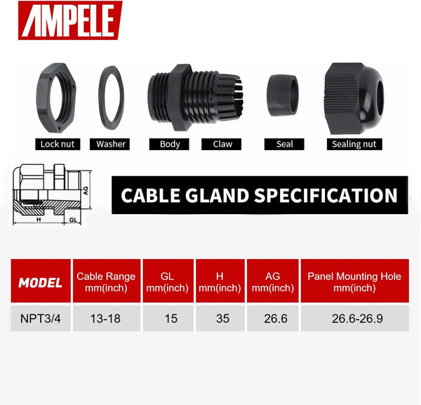 Glands-3/4",  NPT Cable Gland WP  Adj 13-18mm/0.51-0.71inches Nylon Cable Glands