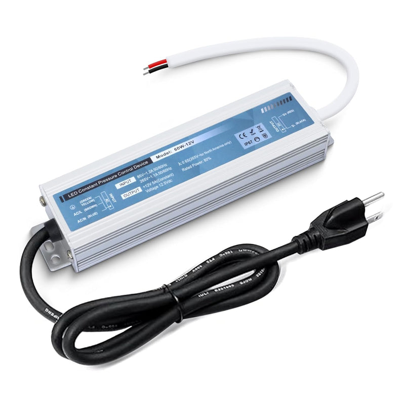 MVDC1260 LED Driver,LED Power Supply IP67 Waterproof Output 60W DC12V 5A 3-Prong Plug 4.5feet