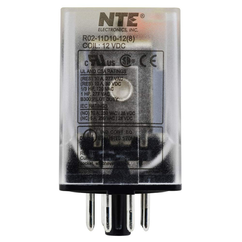 NTE Electronics R02-11D10-12 R02 Series General Purpose Multicontact DC Relay, DPDT Contact Arrangement, 10 Amp, 8 Pin Octal Plug, 12 VDC