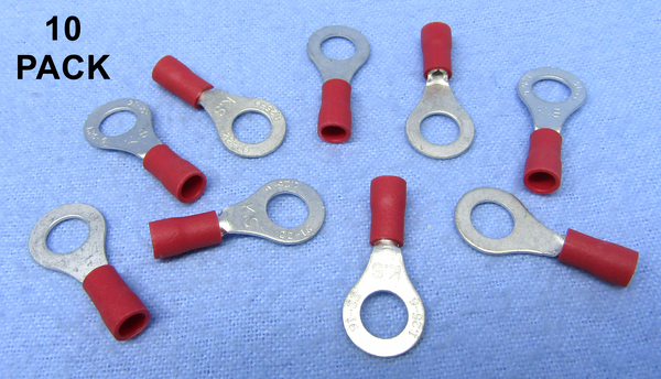(1527) 1/4" Stud Red Vinyl Insulated Ring Terminals for 22-18AWG Wire ~ 10 Pack