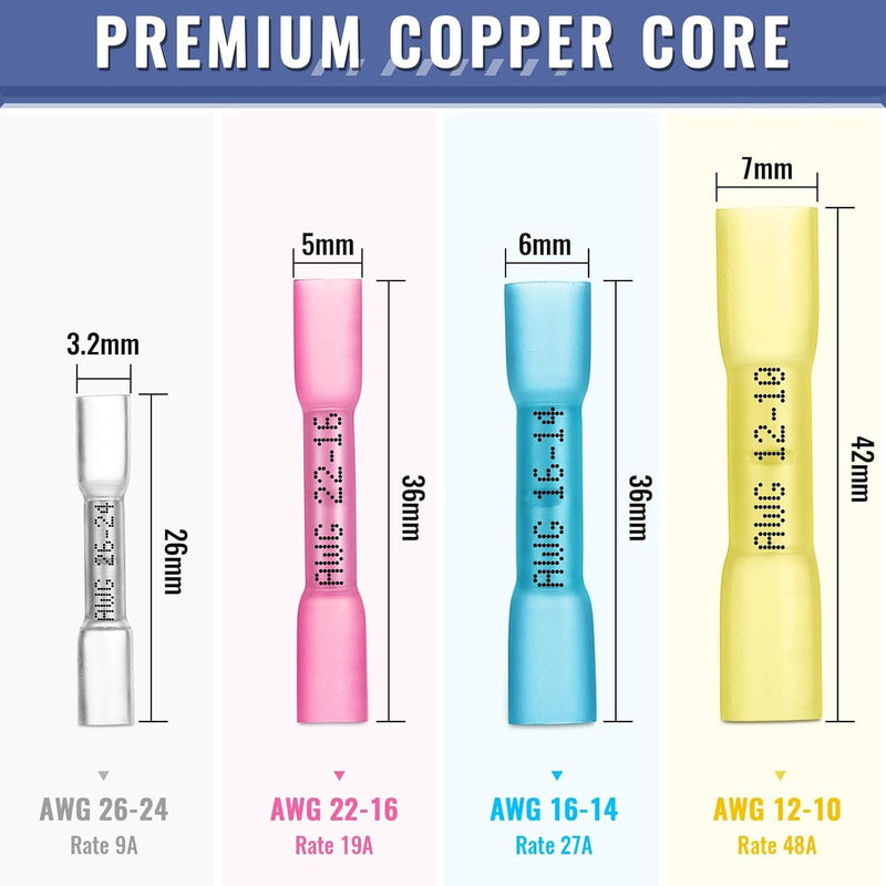 MVHS-BS-Y-120 Yellow Heat Shrink Butt Connector 12-10 AWG - Electrical Connectors - Tinned Red Copper 1mm - Automotive Marine Stereo Boat Crimp - Waterproof and Insulated