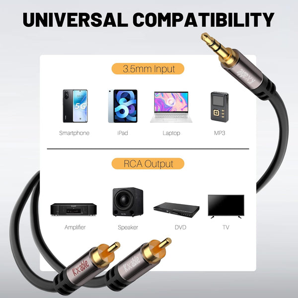 MV5601, MVO 3.5mm to RCA Cable 25FT, 2 Male RCA to Aux Stereo Audio Adapter, Hi-Fi Sound Auxiliary RCA Y Splitter Cord, Shielded 1/8 to 2RCA
