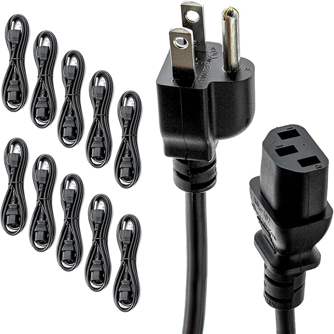 GPW C1-10pk UL Approved 6ft Universal Power Cord (10 Pack) - IEC C13 to NEMA 5-15P Computer Monitor Cable for IT Departments, Data Centers & Bulk Purchasing - 18AWG 10A 125V