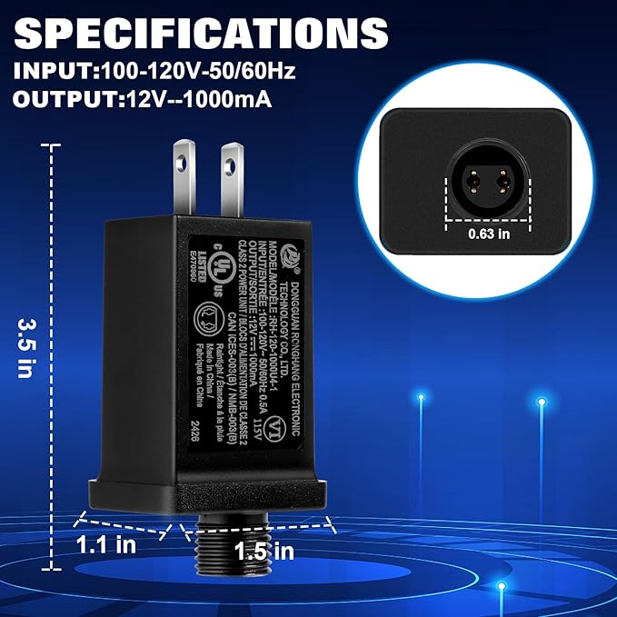MVJT-DC120V0500-C, MVO Replacement Yard Inflatable Adapter, 12Vdc 1.0A Transformer US Plug, Class 2 Power Supply (120vac 60hz) Low Voltage Transformer, for Halloween Christmas String Light Inflatables Decorations