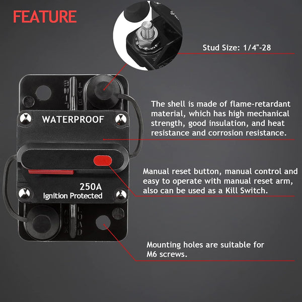 AS-CB250A. MVO 250A Circuit Breaker Manual Reset Fuse Holder for Car Audio and Amps Protection 12V-48V DC Reset Fuse