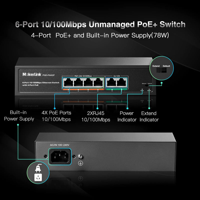 Yuan POE 6 Port, MVO 6 Port PoE Switch with 4 Ports PoE+, 2 Fast Ethernet Uplink, 10/100Mbps, 78W