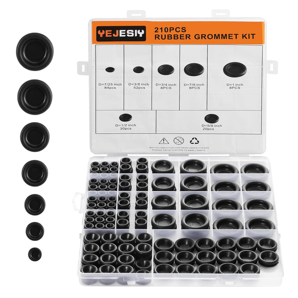 Grommet Kit Small, MVO 210PCS rubber grommet kit With 7 Different Sizes: 7/25" (84Pcs), 3/8"(52Pcs), 1/2"(30Pcs), 5/8" (20Pcs), 3/4" (8Pcs), 7/8"(8Pcs), 1"(8Pcs).