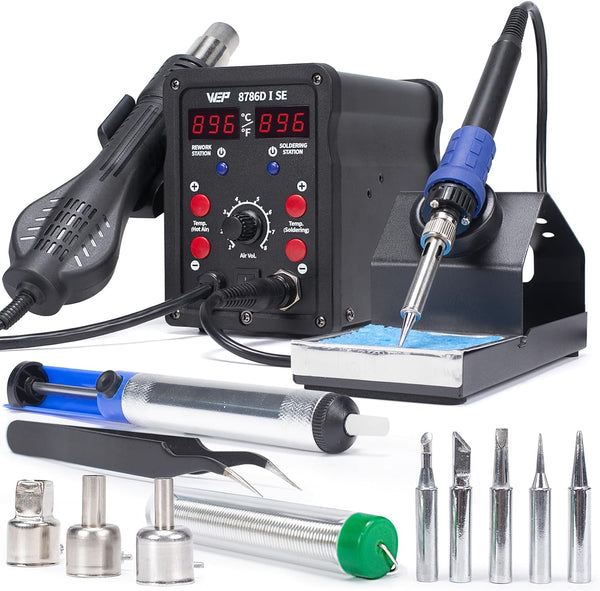MV8786D-I, MVO Hot Air Soldering Iron Station Kit 2-IN-1 for Rework, Desoldering with Lead-Free Solder Wire, 5 Soldering Tips, 3 Hot Air Nozzles,Tweezers, Desoldering Pump