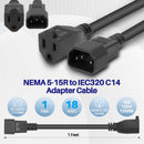 IEC M to 5-15R M 1FT, MVO IEC 320 C14 to NEMA 5-15R Short Power Cable 12Inch/1Feet, 18AWG 10A 125V Heavy Duty IEC C14 Male to Nema 5-15R Female