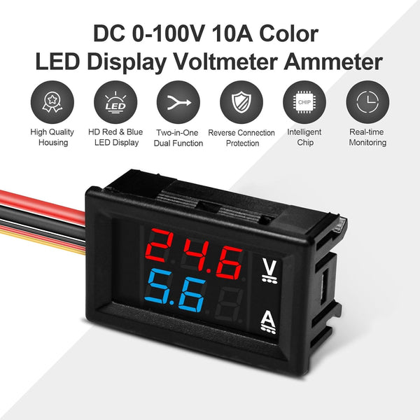 MVLCD-Digital Meter V/A 0.28" Digital Voltmeter Ammeter DC 0-100V 10A, Red & Blue Dual LED Display Panel with Connect Wires, 2 in 1 Volt Amp Monitor Teste