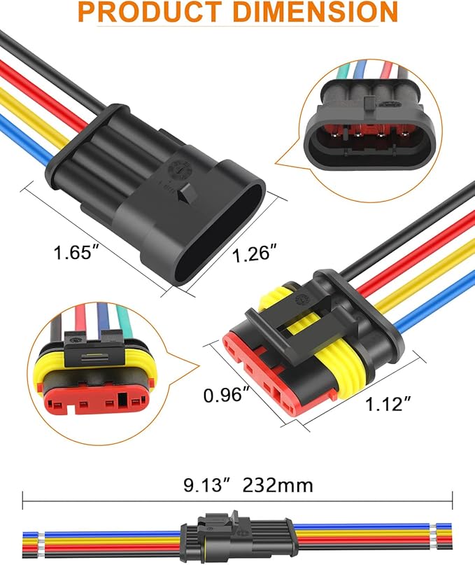 MVQCK-4-WP 4 Pin Connector Waterproof, 16 AWG 4 Wire Connectors, Automotive Electrical Connectors Male and Female Way with Heat Shrink Tubing for Car Truck Boat Wire Connection