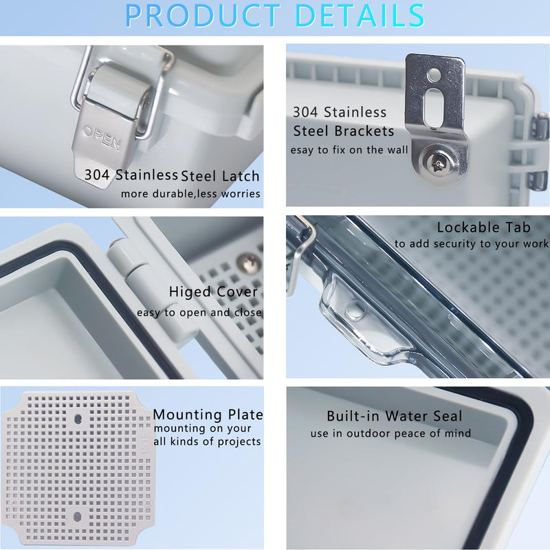 Junction Box 280x190, MVO IP67 Waterproof ABS Plastic Electrical Enclosure with Stainless Steel Latch, Hinged Cover Electric Box with Mounting Plate, Wall Brackets & Cable Glands 280x190x130mm