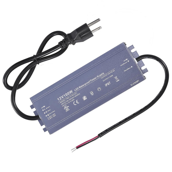 MVDC12100W  12V 100 Watts LED Driver Waterproof IP67 Power Supply Transformer Ultra Thin Adapter AC 100-264V to 12V DC 8.3A Low Voltage Output with 3-Prong Plug