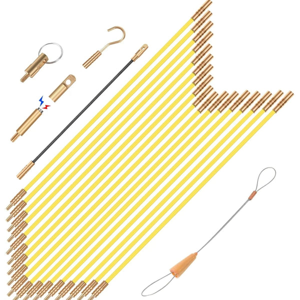 FISHROD23FT, MVO 23.8FT Fiberglass Running Electrical Wire Cable Glow Rods Wire Pulling, Fish Rods Electrical Kit with 6 Different Attachments and Fish Tape Wire Puller Kit (Yellow)