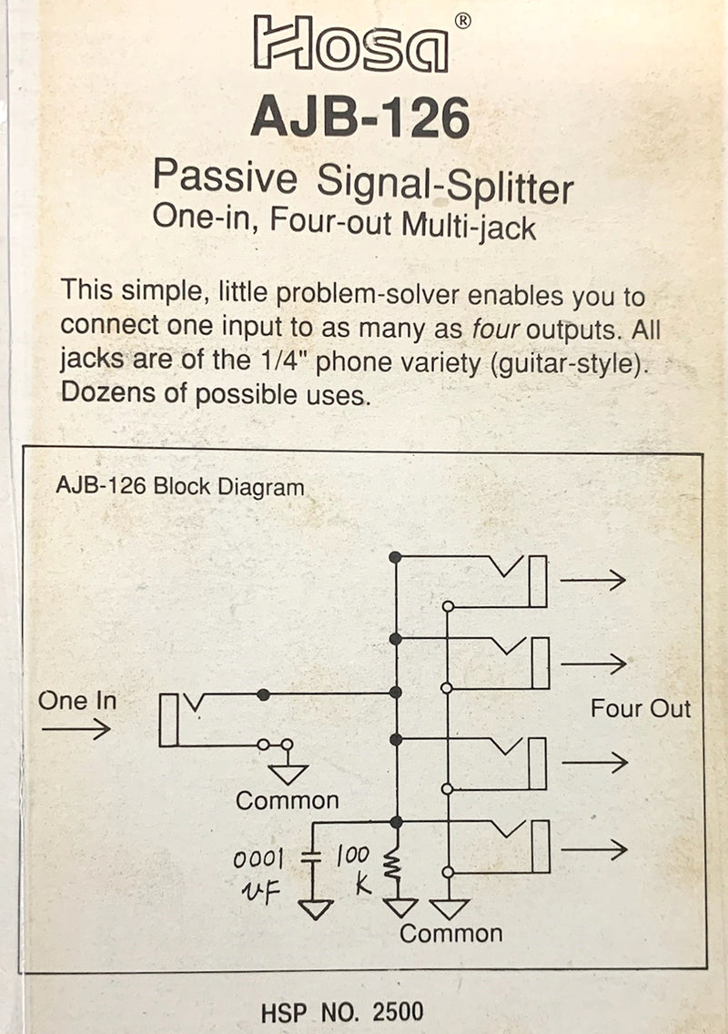 AJB-126, Hosa Passive Signal-Splitter One-In, Four-Out Multi Jack (No Package) Discontinued