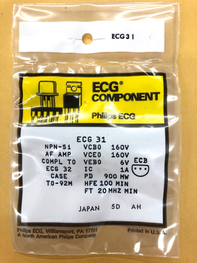 ECG31, 1A @ 160V NPN Transistor TV Sound & Vertical Output ~ TO-92M (NTE31)