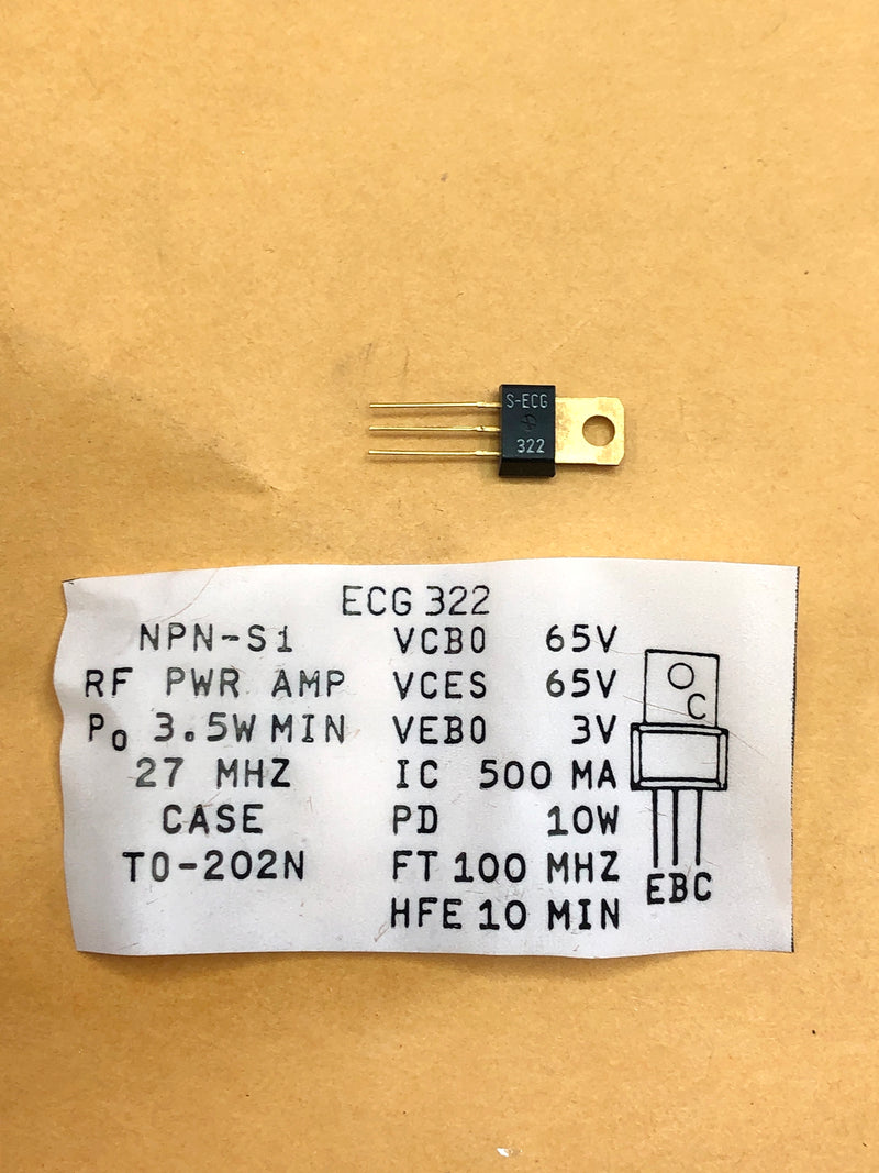 ECG322 NPN Silicon RF Transistor 65V@500mA, 3.5W Min ~ 27MHz TO-202N (NTE322)