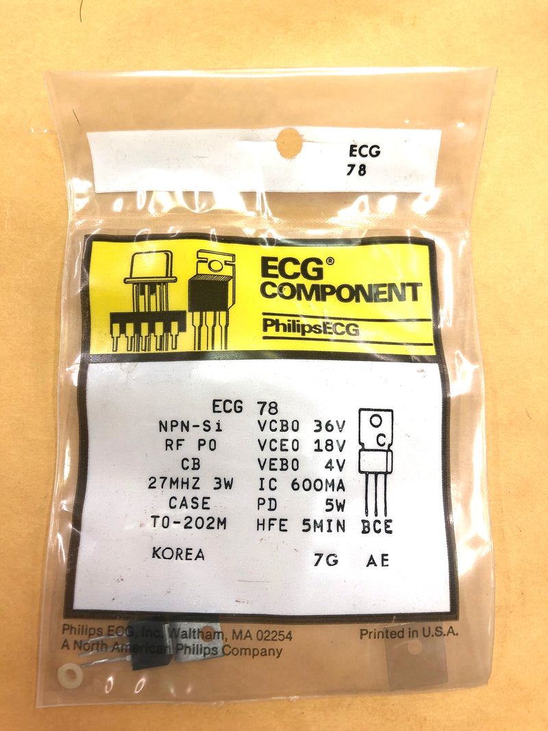 ECG78, NPN Silicon 27MHz RF Transistor 36V@600mA, 3W Min ~ TO-202M (NTE78)