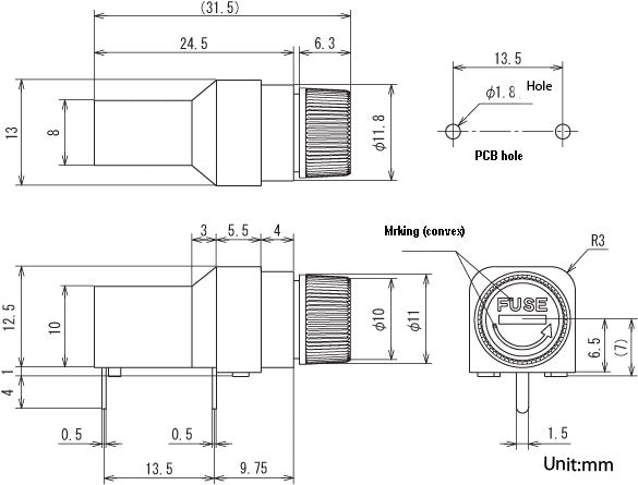F-105, Sato Parts Metric (5x20mm) Right Angle PC Mount Fuse Holder