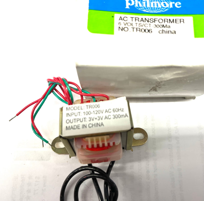 TR006 Philmore 6 Volt AC 300 mA Power Supply Transformer With Center Tap