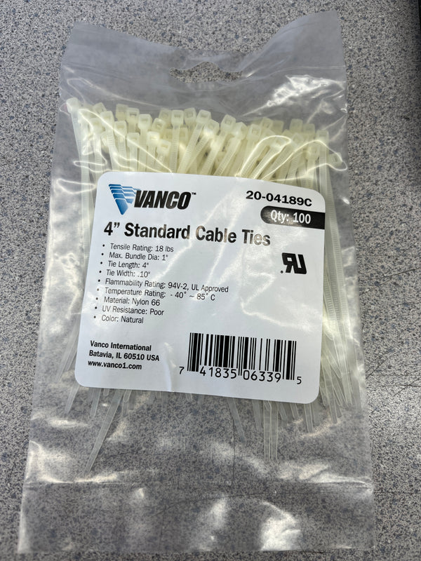 20-04189C-50. Qual 100pc  4" 18LB Natural wire ties (CASE of 50 Bags)